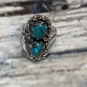 Native American Arizona copper blue turquoise peyote flower ring.